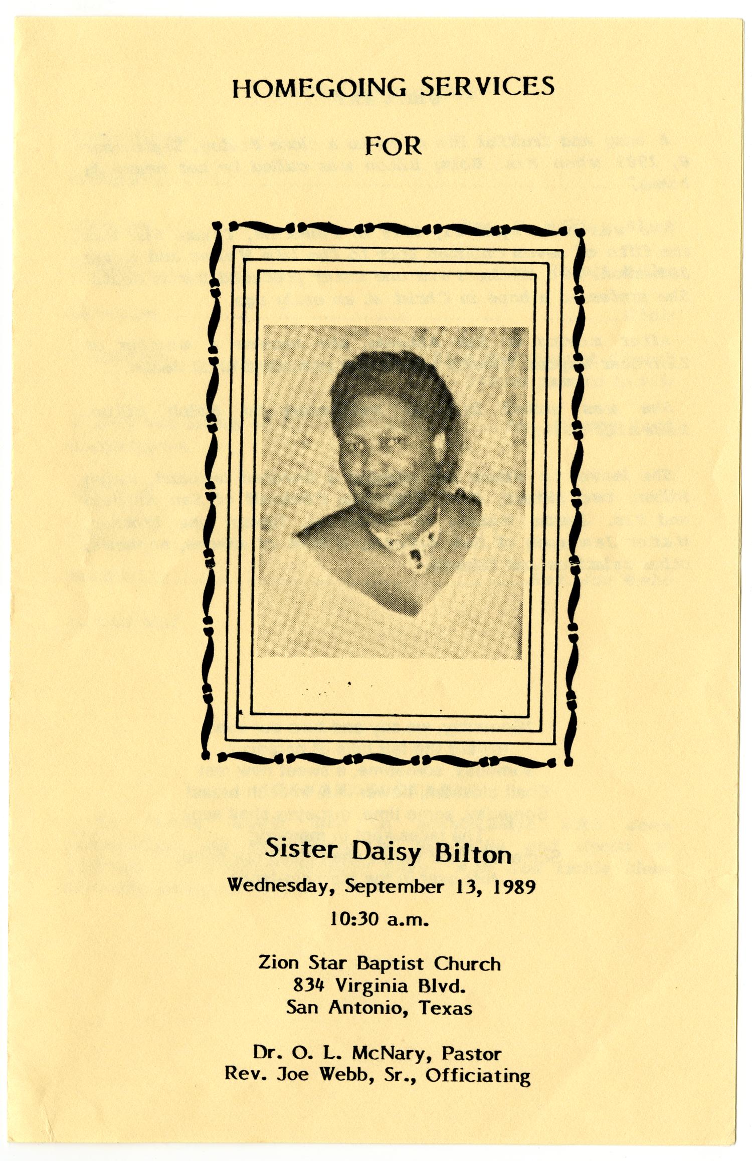 [Funeral Program for Daisy Bilton, September 13, 1989]
                                                
                                                    [Sequence #]: 1 of 3
                                                