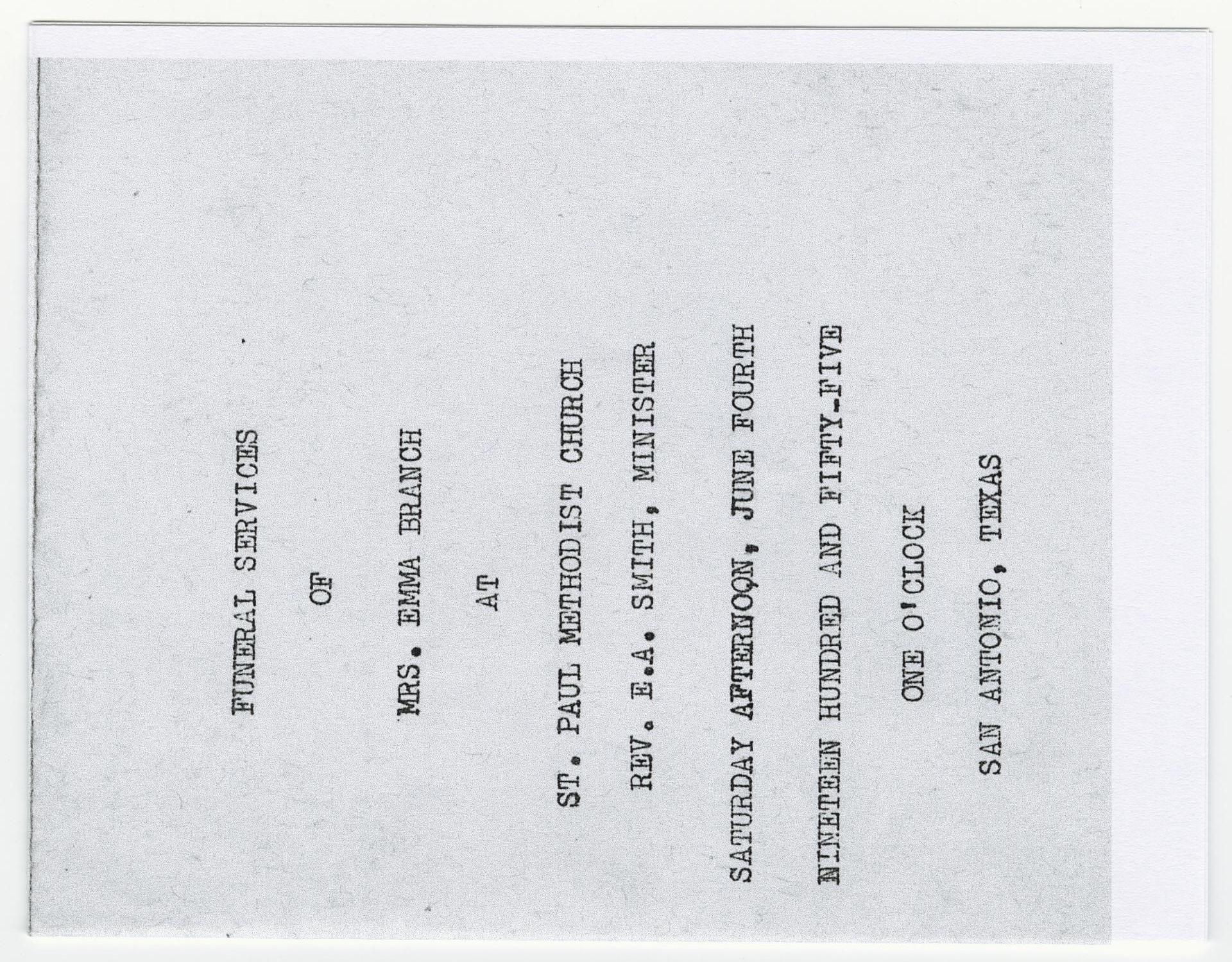 [Funeral Program for Emma Branch, June 4, 1955]
                                                
                                                    [Sequence #]: 1 of 3
                                                