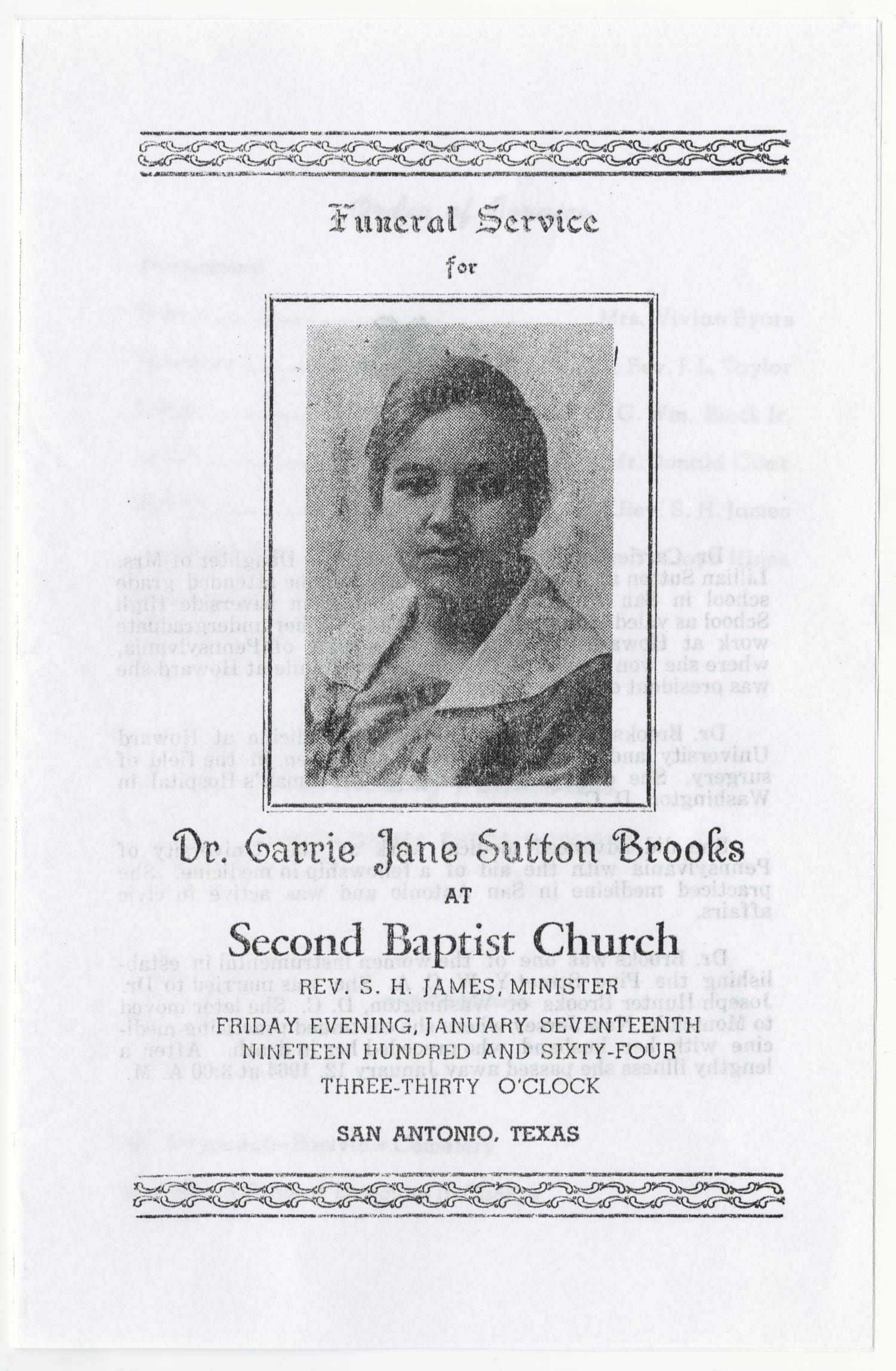 [Funeral Program for Carrie Jane Sutton Brooks, January 17, 1964]
                                                
                                                    [Sequence #]: 1 of 3
                                                