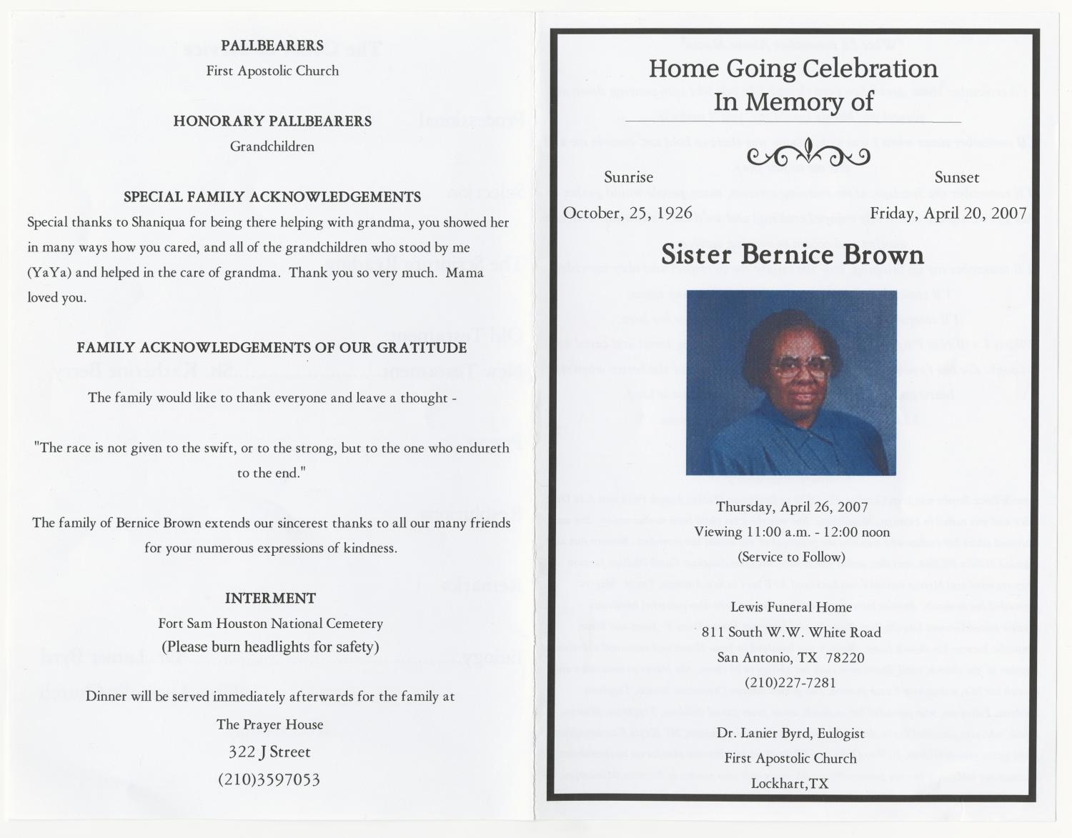 [Funeral Program for Bernice Brown, April 26, 2007]
                                                
                                                    [Sequence #]: 3 of 3
                                                