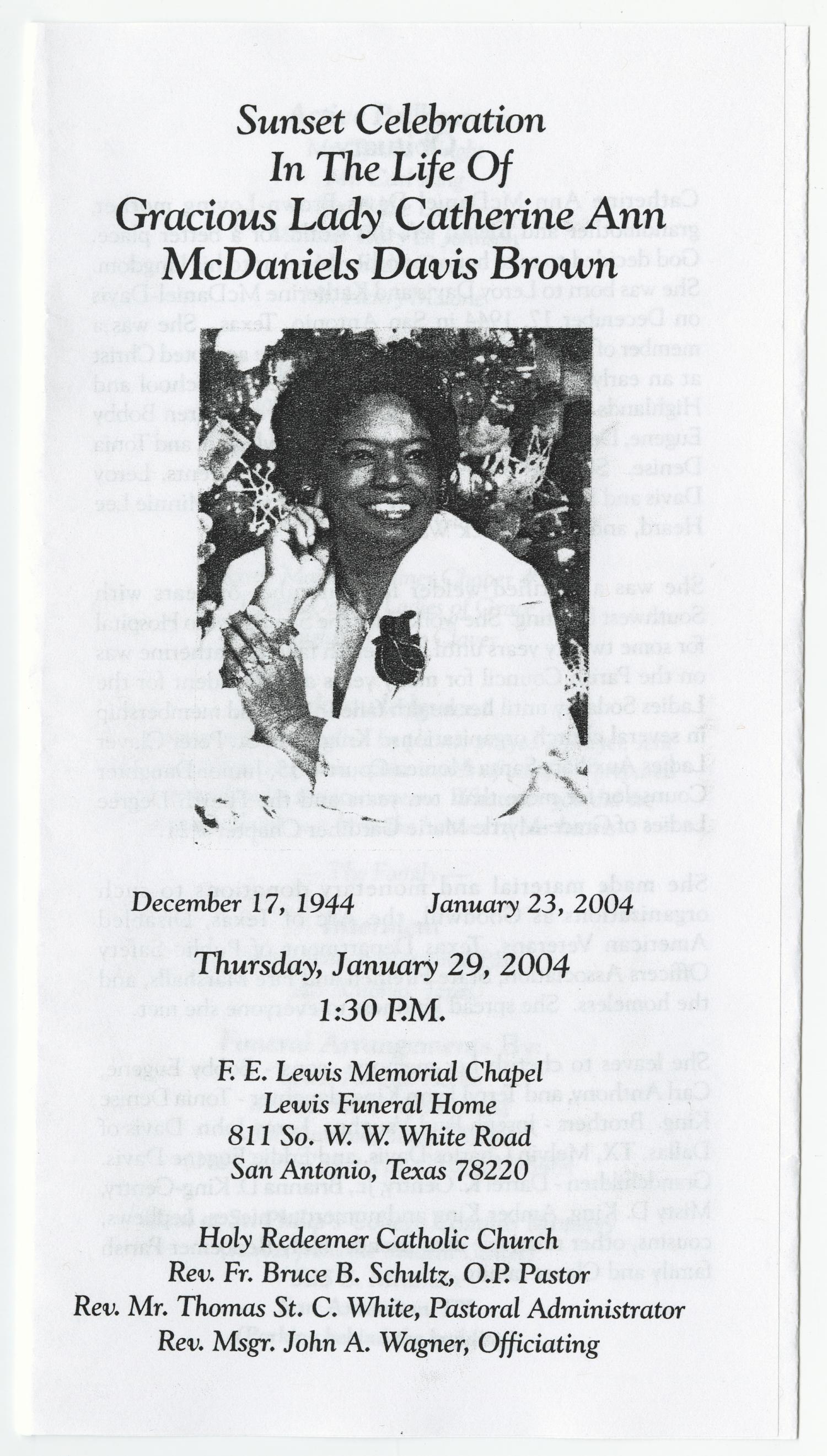 [Funeral Program for Catherine Ann McDaniels Davis Brown, January 29, 2004]
                                                
                                                    [Sequence #]: 1 of 3
                                                