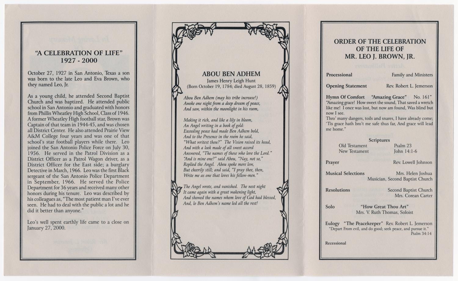 [Funeral Program for Leo J. Brown, Jr., January 31, 2000]
                                                
                                                    [Sequence #]: 2 of 3
                                                
