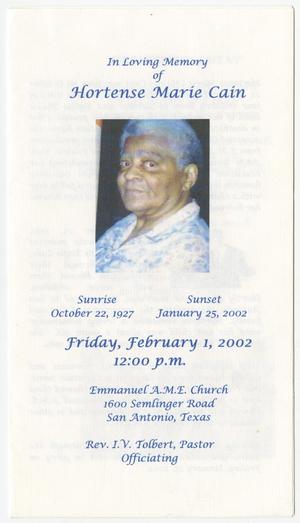 Primary view of object titled '[Funeral Program for Hortense Marie Cain, February 1, 2002]'.