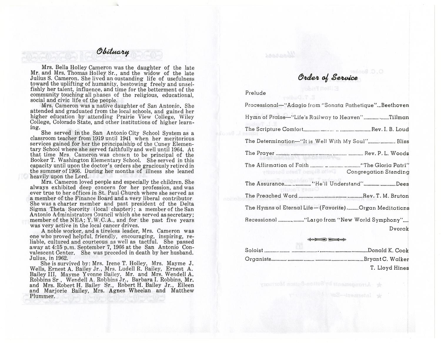 [Funeral Program for Bella H. Cameron, September 10, 1966]
                                                
                                                    [Sequence #]: 2 of 3
                                                