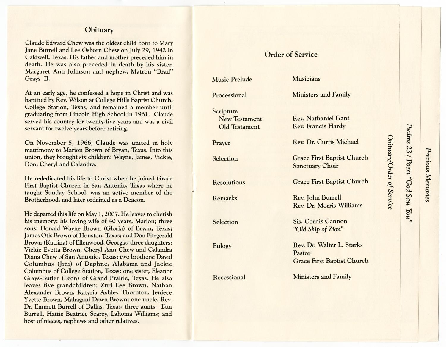 [Funeral Program for Claude Chew, May 7, 2007]
                                                
                                                    [Sequence #]: 2 of 5
                                                