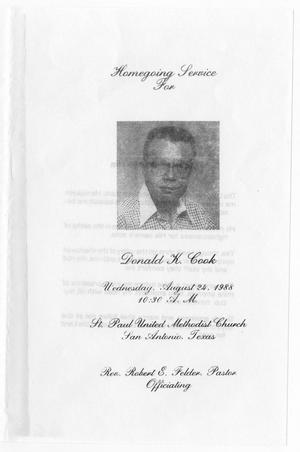 Primary view of object titled '[Funeral Program for Donald K. Cook, August 24, 1988]'.