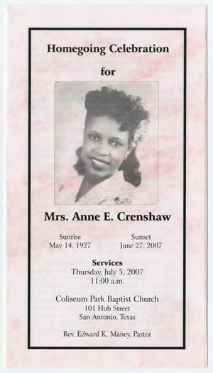 Primary view of object titled '[Funeral Program for Anne E. Crenshaw, July 5, 2007]'.