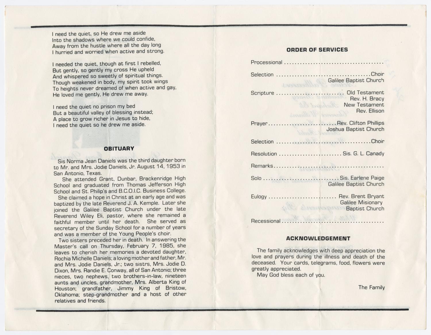 [Funeral Program for Norma Jean Daniels, February 12, 1985]
                                                
                                                    [Sequence #]: 2 of 3
                                                