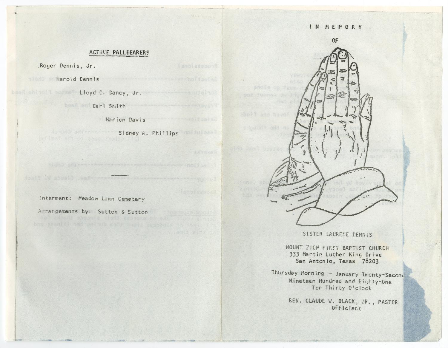 [Funeral Program for Laurene Dennis, January 22, 1981]
                                                
                                                    [Sequence #]: 3 of 3
                                                