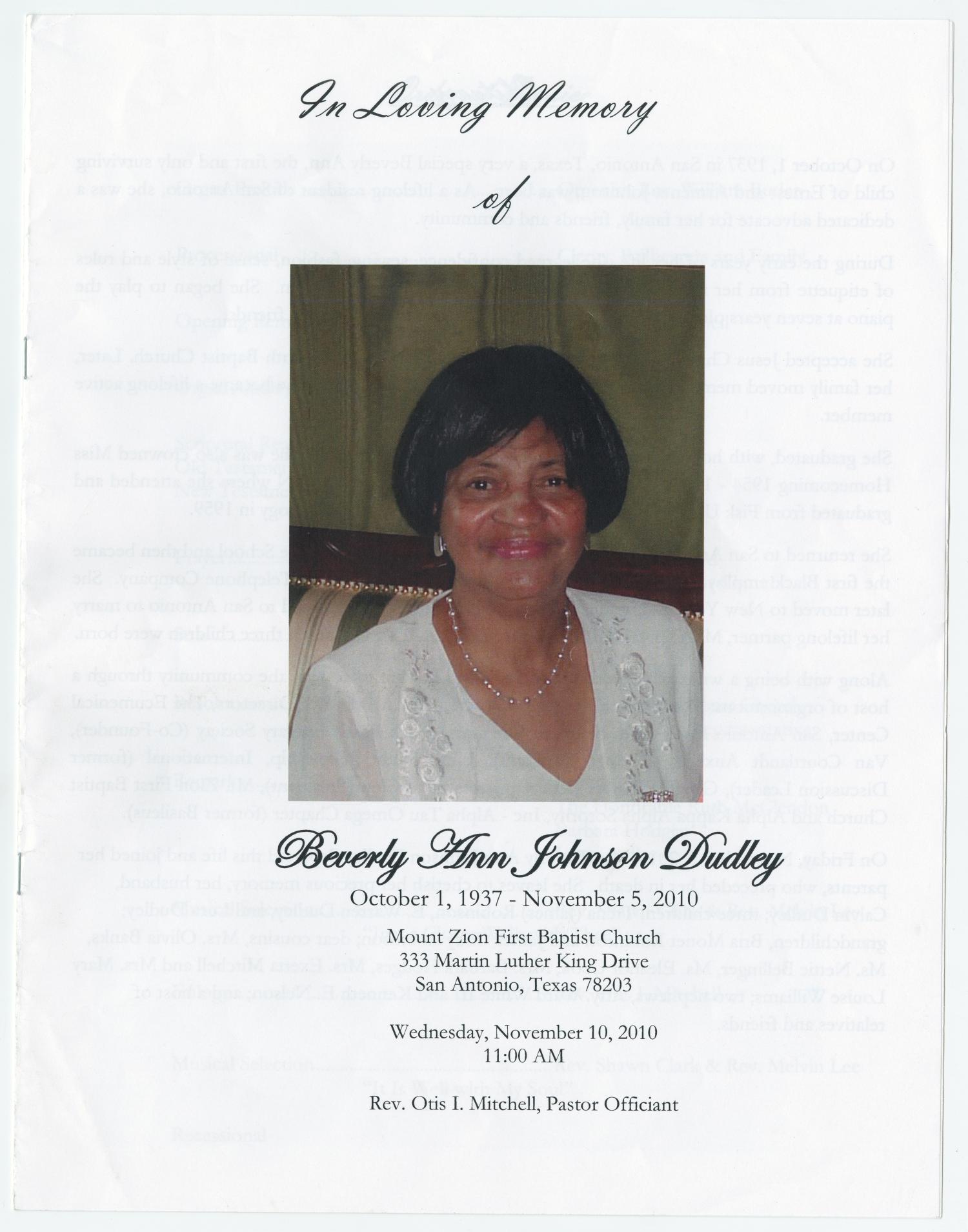 [Funeral Program for Beverly Ann Johnson Dudley, November 10, 2010]
                                                
                                                    [Sequence #]: 1 of 8
                                                