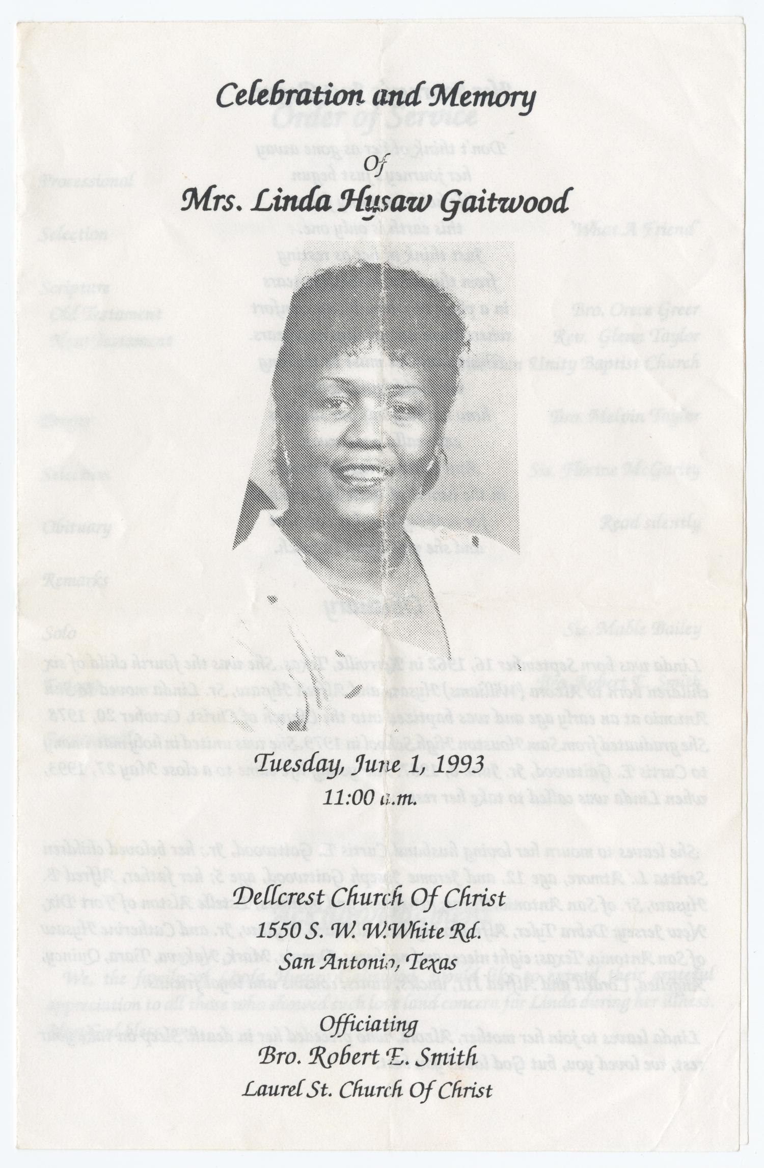 [Funeral Program for Linda Hysaw Gaitwood, June 1, 1993]
                                                
                                                    [Sequence #]: 1 of 3
                                                