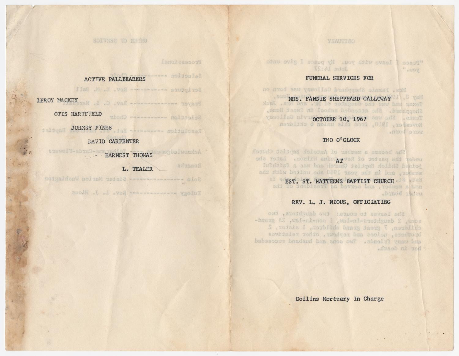 [Funeral Program for Fannie Shepphard Galloway, October 10, 1967]
                                                
                                                    [Sequence #]: 3 of 3
                                                