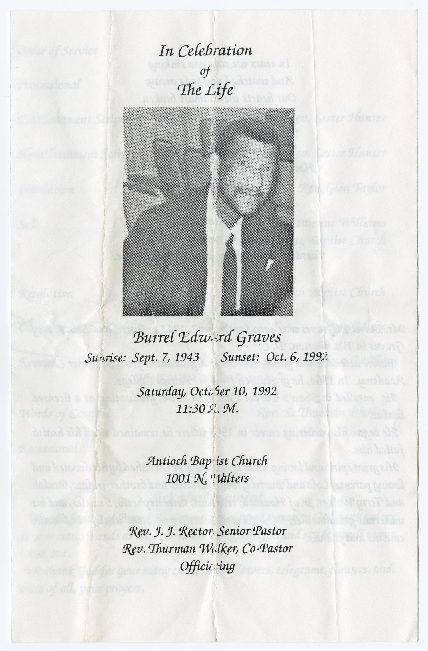 [Funeral Program for Burrel Edward Graves, October 10, 1992]
                                                
                                                    [Sequence #]: 1 of 3
                                                
