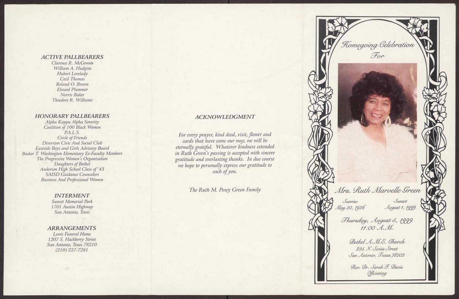 [Funeral Program for Ruth Marvelle Green, August 5, 1999]
                                                
                                                    [Sequence #]: 3 of 3
                                                