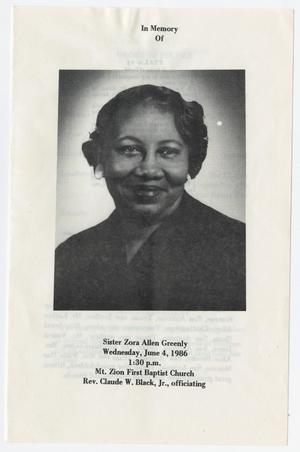 Primary view of object titled '[Funeral Program for Zora Allen Greenly, June 4, 1986]'.