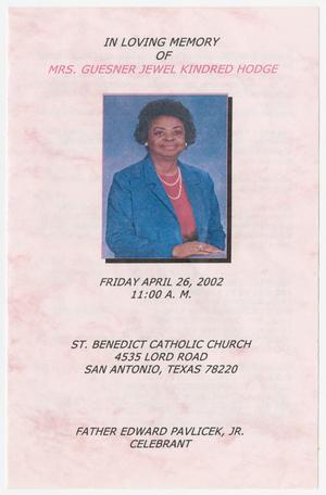 Primary view of object titled '[Funeral Program for Guesner Jewel Kindred Hodge, April 26, 2002]'.