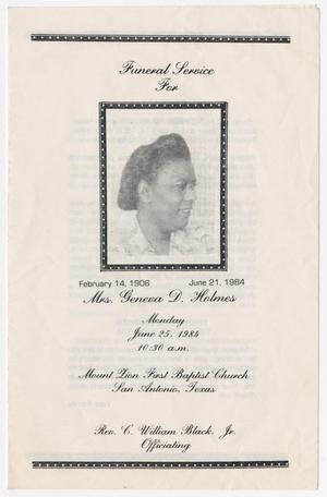 Primary view of object titled '[Funeral Program for Geneva D. Holmes, June 25, 1984]'.