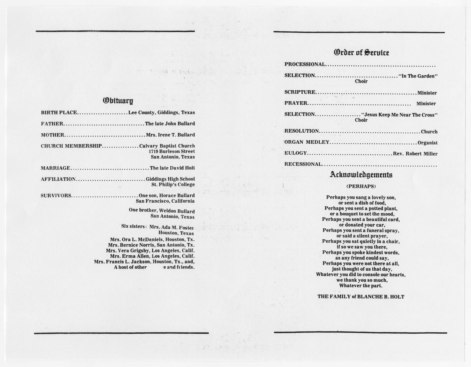 [Funeral Program for Blanche B. Holt, December 29, 1980]
                                                
                                                    [Sequence #]: 2 of 3
                                                