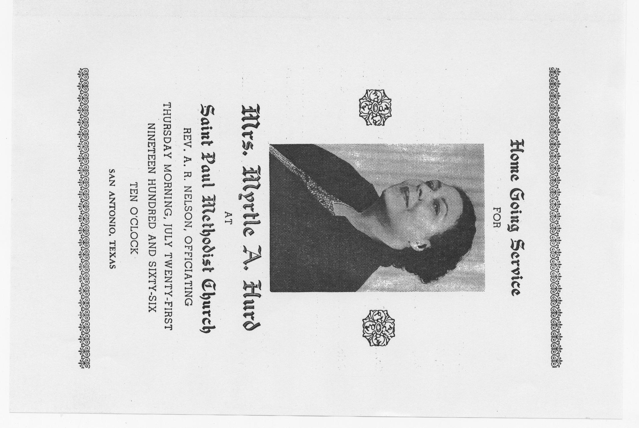 [Funeral Program for Myrtle A. Hurd, July 21, 1966]
                                                
                                                    [Sequence #]: 1 of 3
                                                