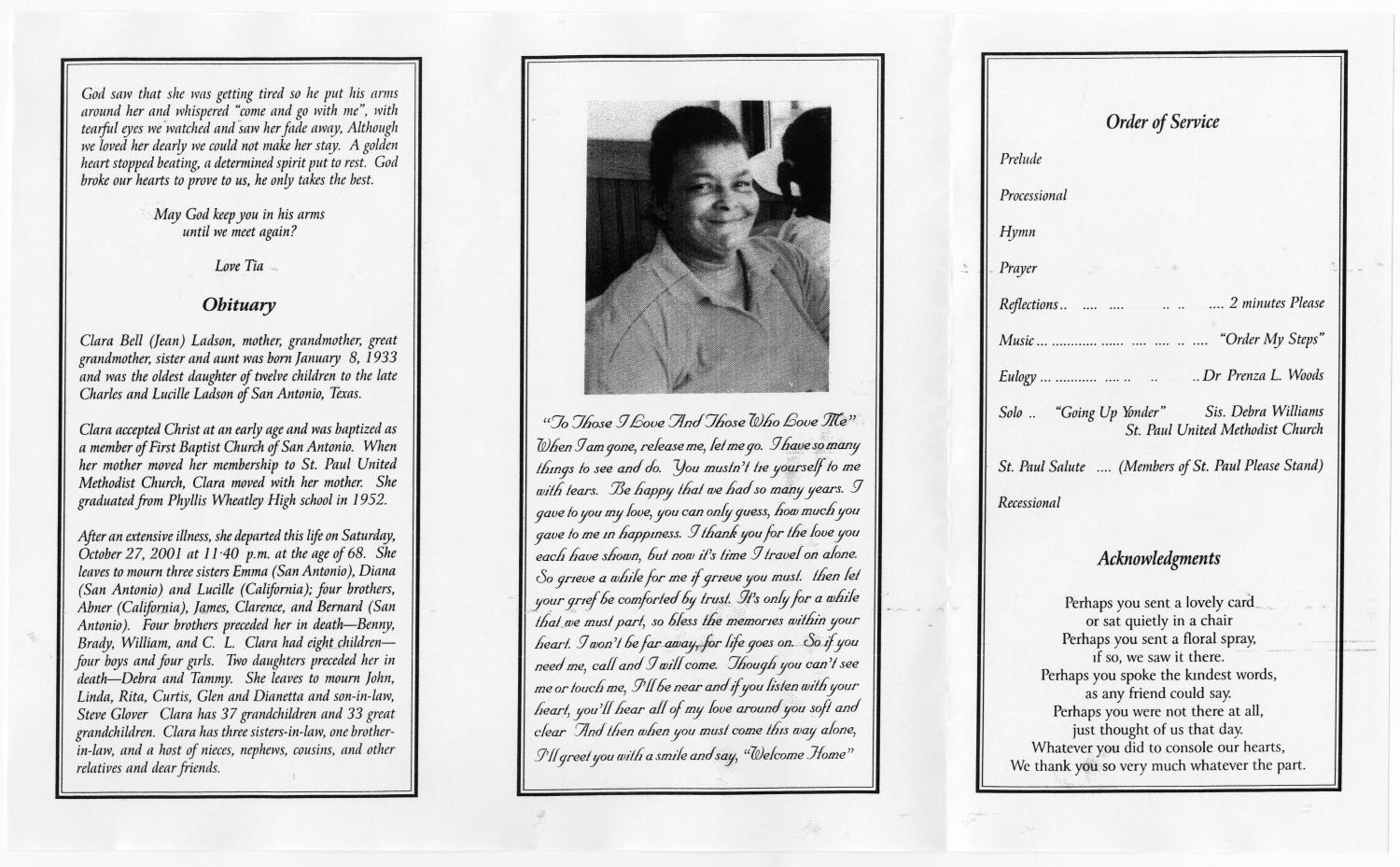[Funeral Program for Clara Bell Ladson, October 31, 2001]
                                                
                                                    [Sequence #]: 2 of 3
                                                