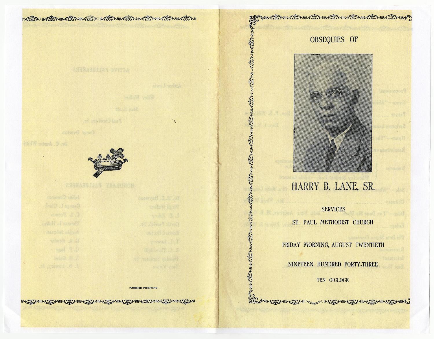 [Funeral Program for Harry B. Lane, Sr., August 20, 1943]
                                                
                                                    [Sequence #]: 3 of 3
                                                