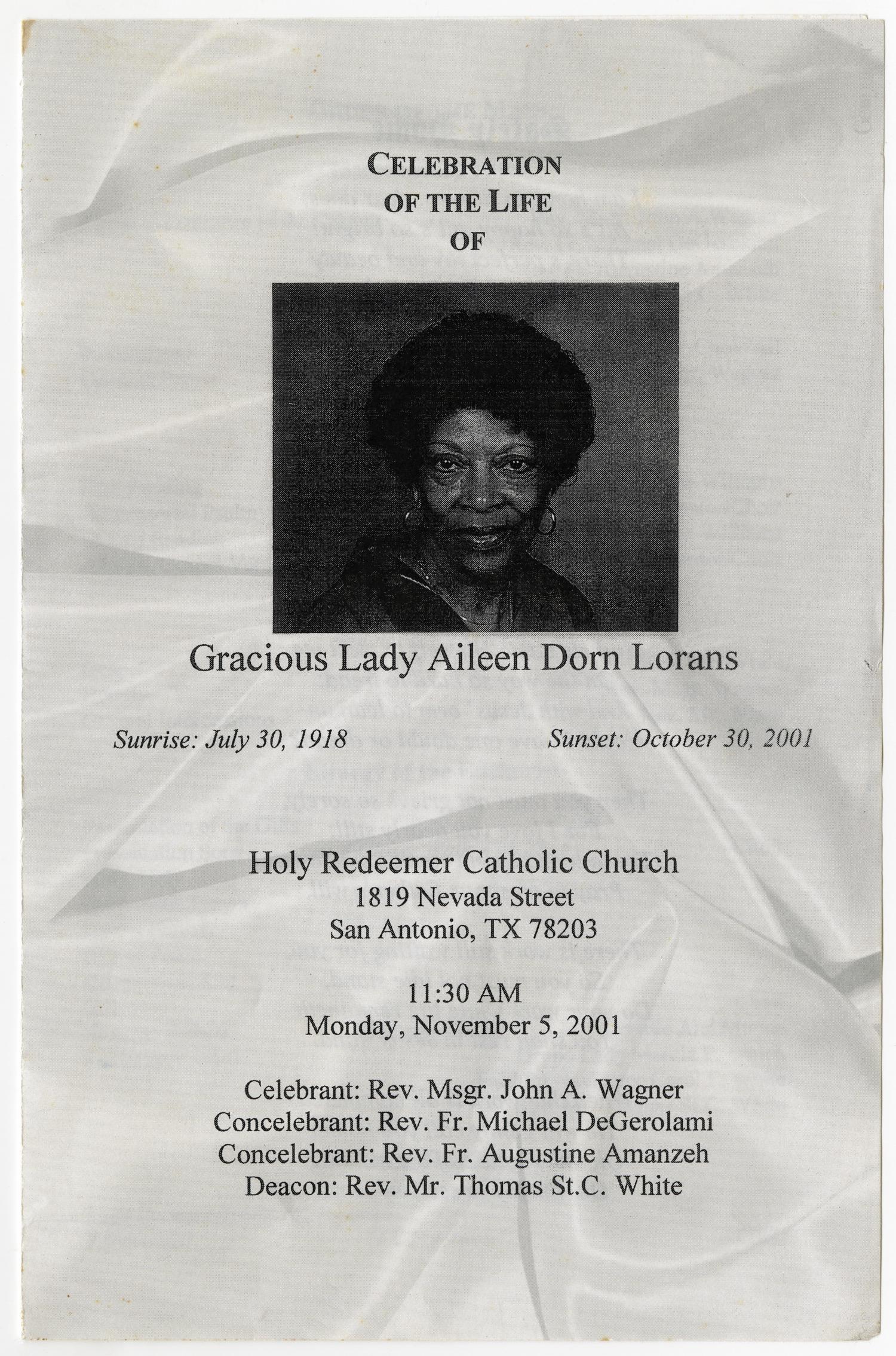 [Funeral Program for Aileen Dorn Lorans, November 5, 2001]
                                                
                                                    [Sequence #]: 1 of 5
                                                