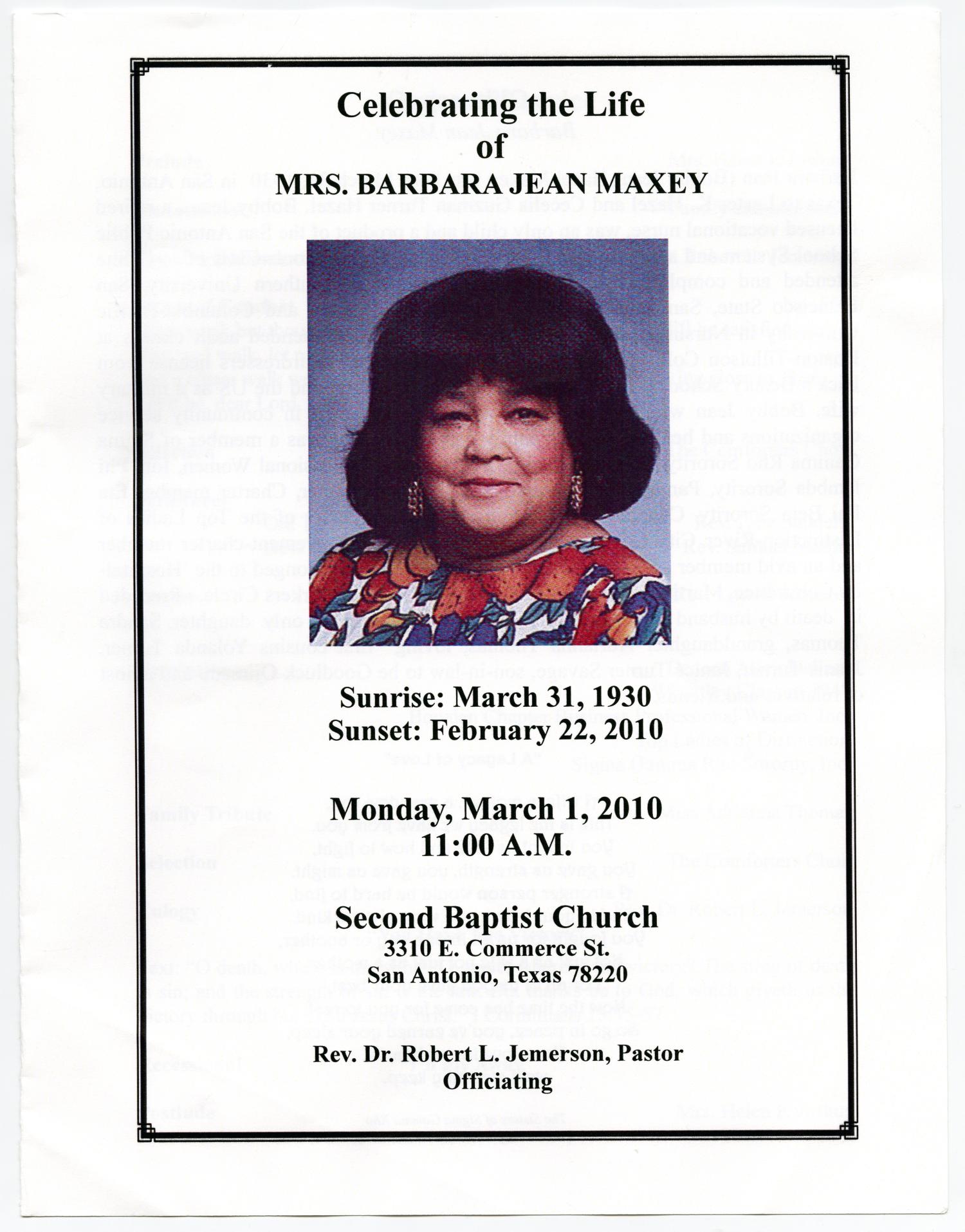 [Funeral Program for Barbara Jean Maxey, March 1, 2010]
                                                
                                                    [Sequence #]: 1 of 4
                                                