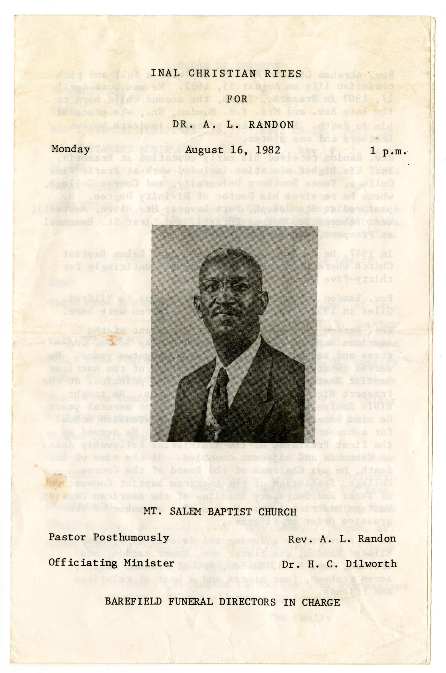 [Funeral Program for A. L. Randon, August 16, 1982]
                                                
                                                    [Sequence #]: 1 of 3
                                                