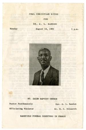 Primary view of object titled '[Funeral Program for A. L. Randon, August 16, 1982]'.
