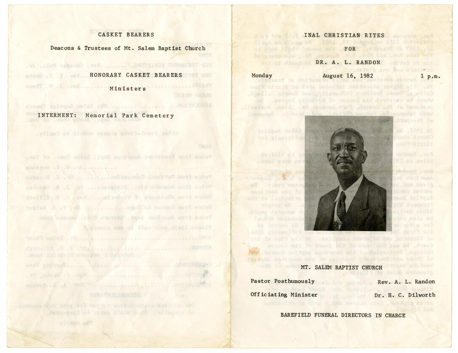 [Funeral Program for A. L. Randon, August 16, 1982]
                                                
                                                    [Sequence #]: 3 of 3
                                                