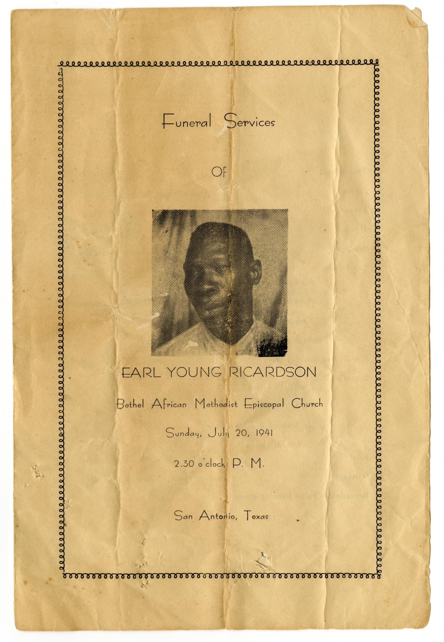[Funeral Program for Earl Young Ricardson, July 20, 1941]
                                                
                                                    [Sequence #]: 1 of 3
                                                