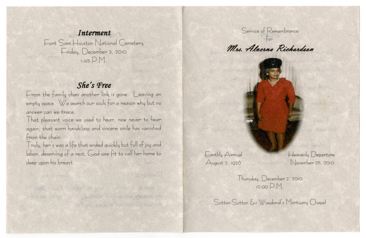 [Funeral Program for Alverna Richardson, December 2, 2010]
                                                
                                                    [Sequence #]: 3 of 3
                                                