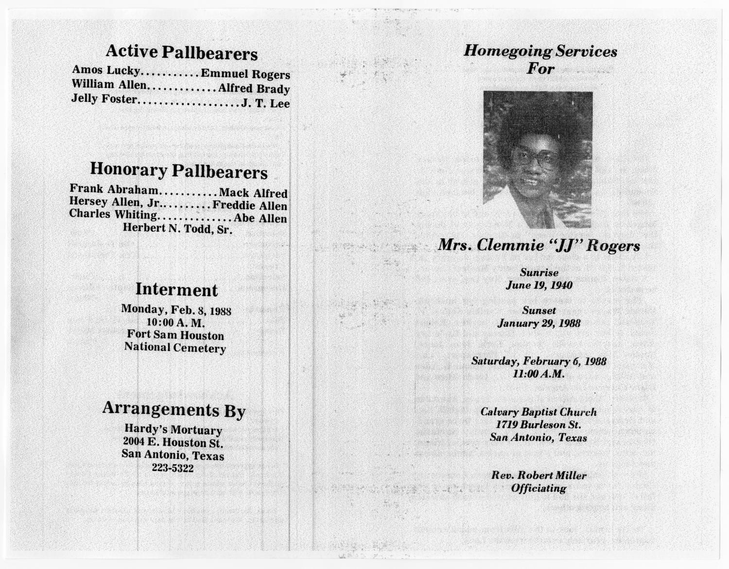 [Funeral Program for Clemmie Rogers, February 6, 1988]
                                                
                                                    [Sequence #]: 3 of 5
                                                