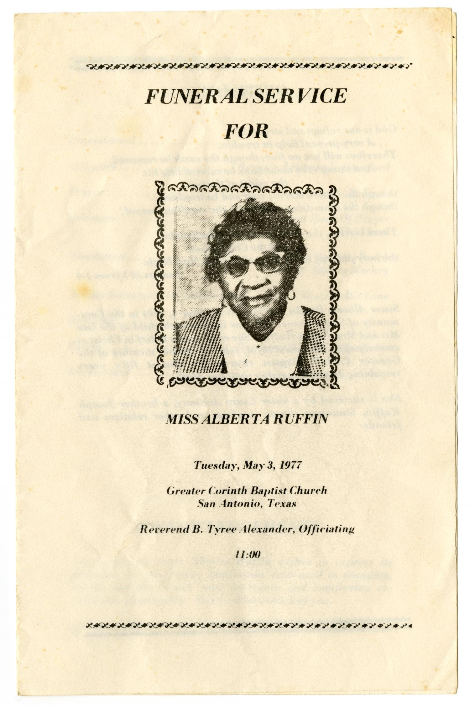 [Funeral Program for Alberta Ruffin, May 3, 1977)
                                                
                                                    [Sequence #]: 1 of 3
                                                