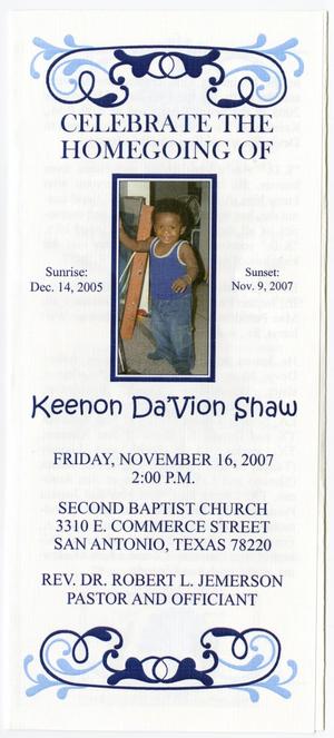 Primary view of object titled '[Funeral Program for Keenon Da'Vion Shaw, November 16, 2007]'.