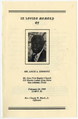Primary view of object titled '[Funeral Program for Louis A. Simmons, February 24, 1989]'.