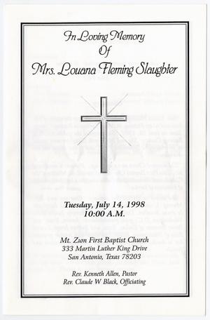 Primary view of object titled '[Funeral Program for Louana Fleming Slaughter, July 14, 1998]'.
