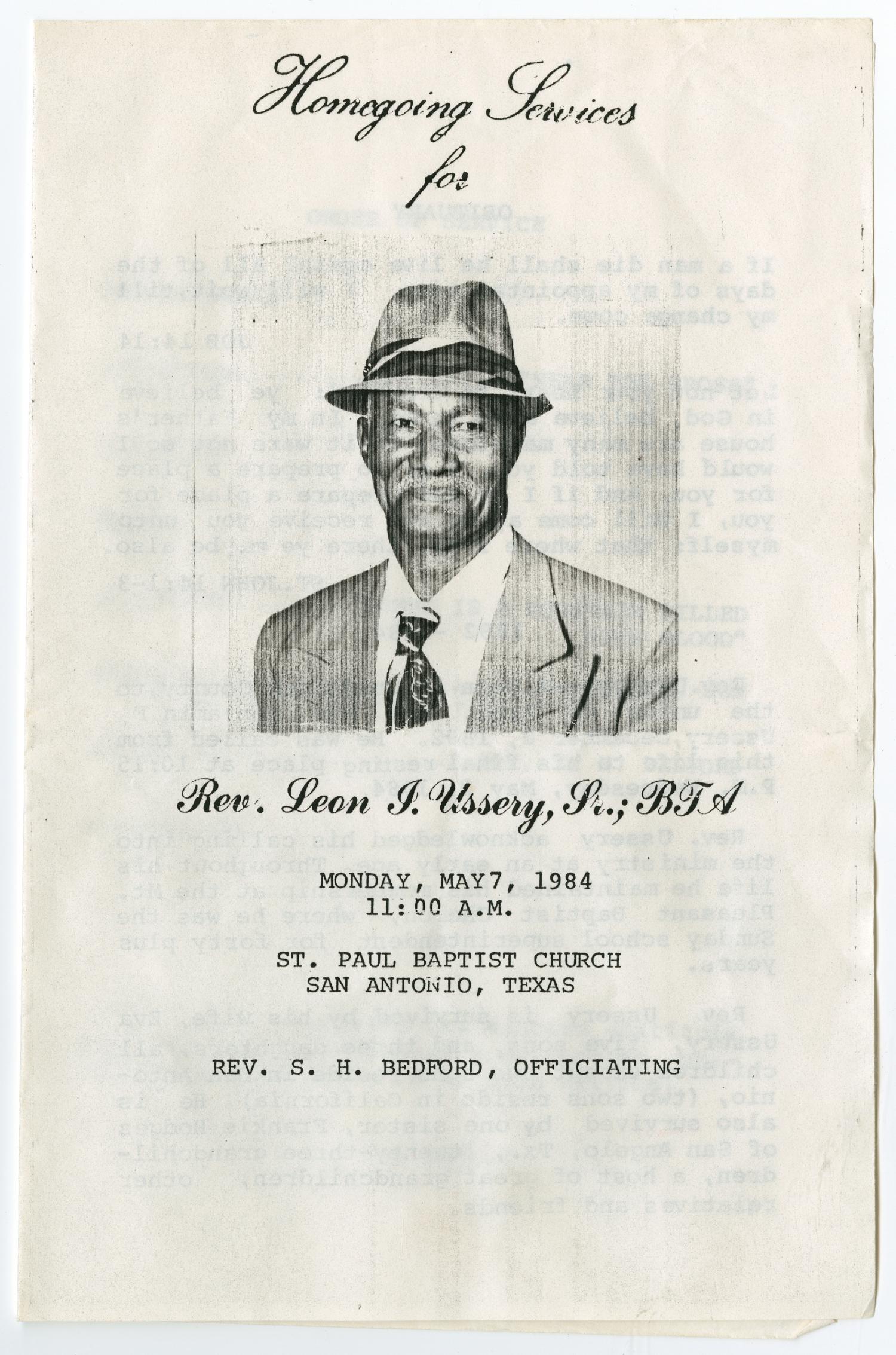[Funeral Program for Rev. Leon J. Ussery, Sr., May 7, 1984]
                                                
                                                    [Sequence #]: 1 of 3
                                                