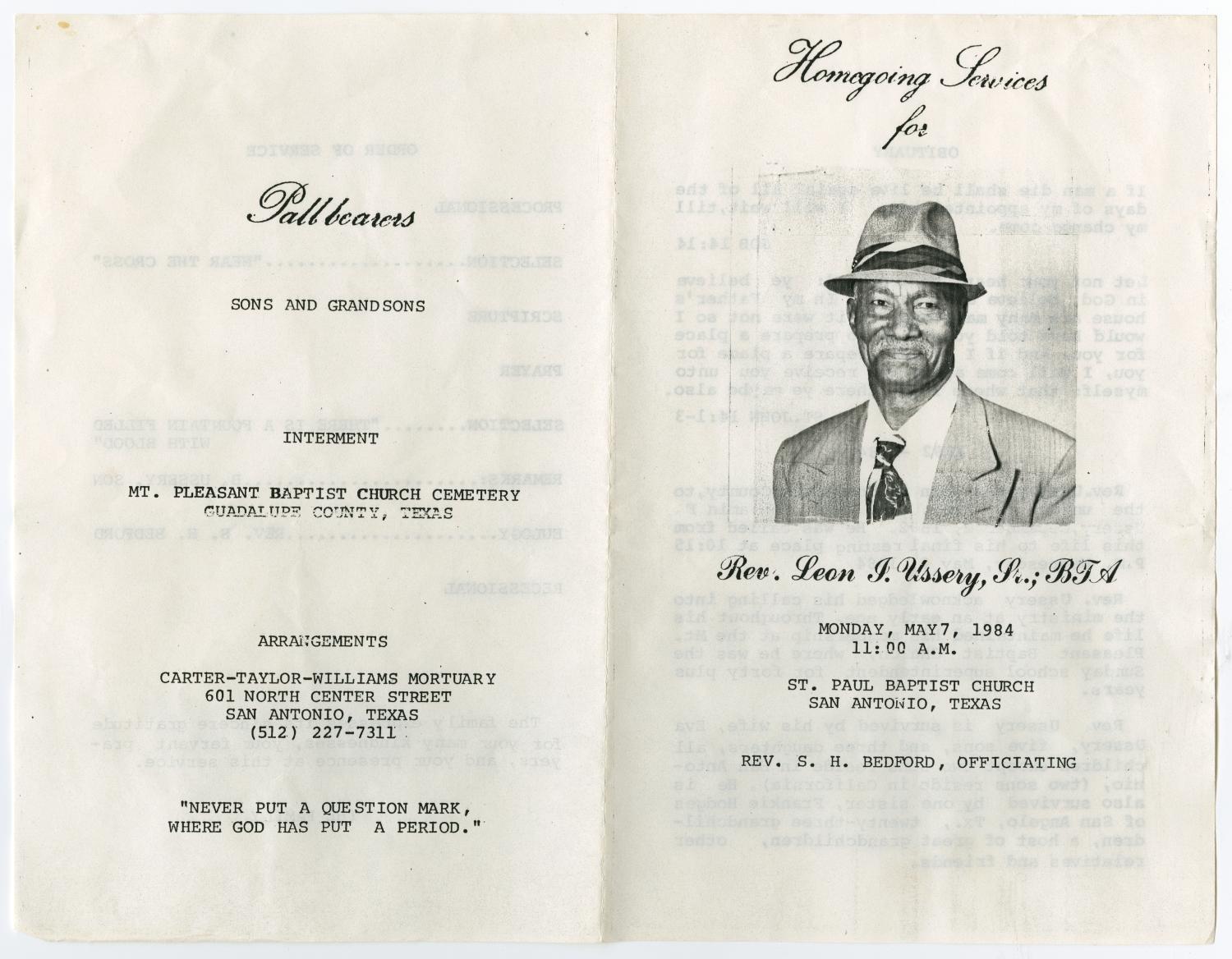 [Funeral Program for Rev. Leon J. Ussery, Sr., May 7, 1984]
                                                
                                                    [Sequence #]: 3 of 3
                                                