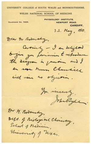 Primary view of object titled '[Letter to Dr. Meyer Bodansky from the Welsh National School of Medicine - May 3, 1930]'.