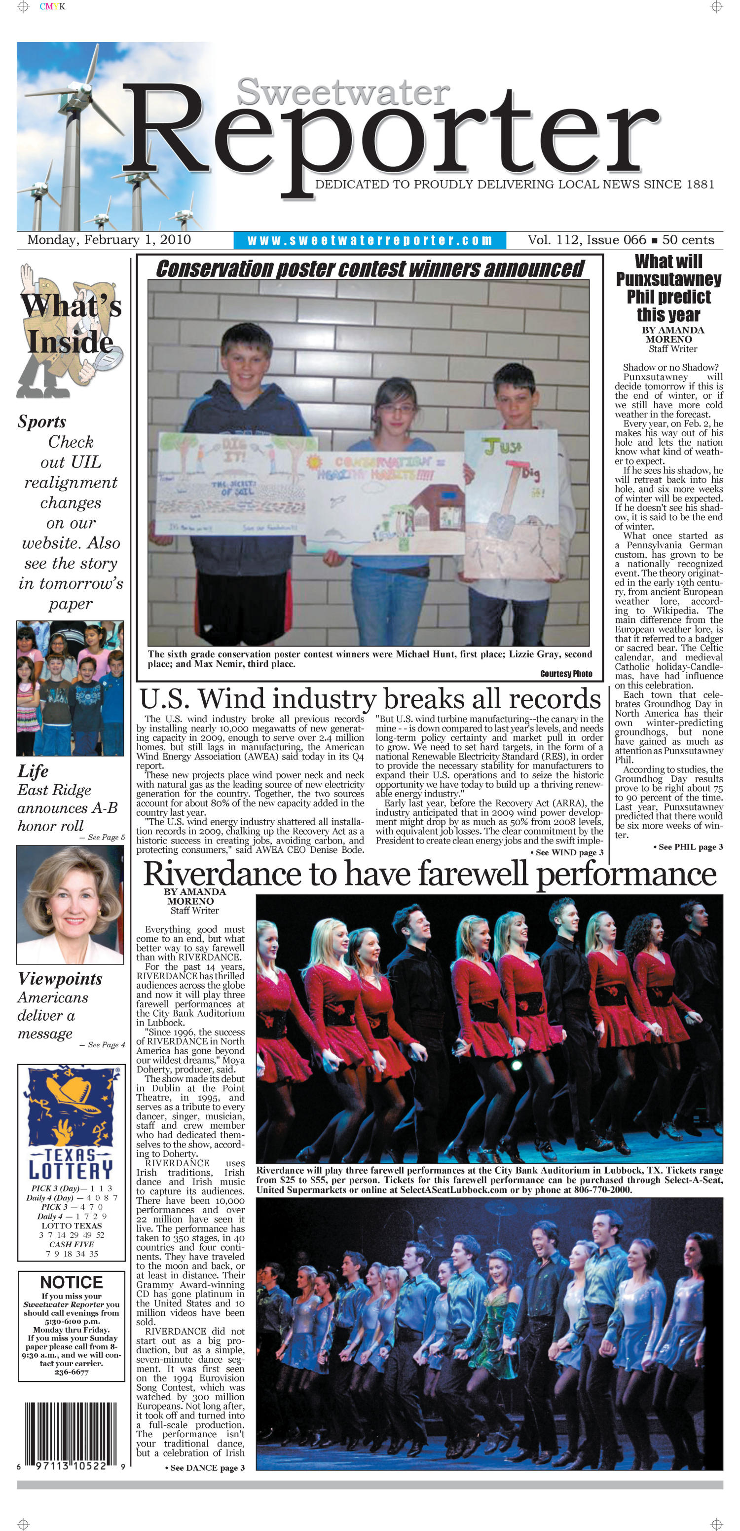 Sweetwater Reporter (Sweetwater, Tex.), Vol. 112, No. 066, Ed. 1 Monday, February 1, 2010
                                                
                                                    [Sequence #]: 1 of 10
                                                