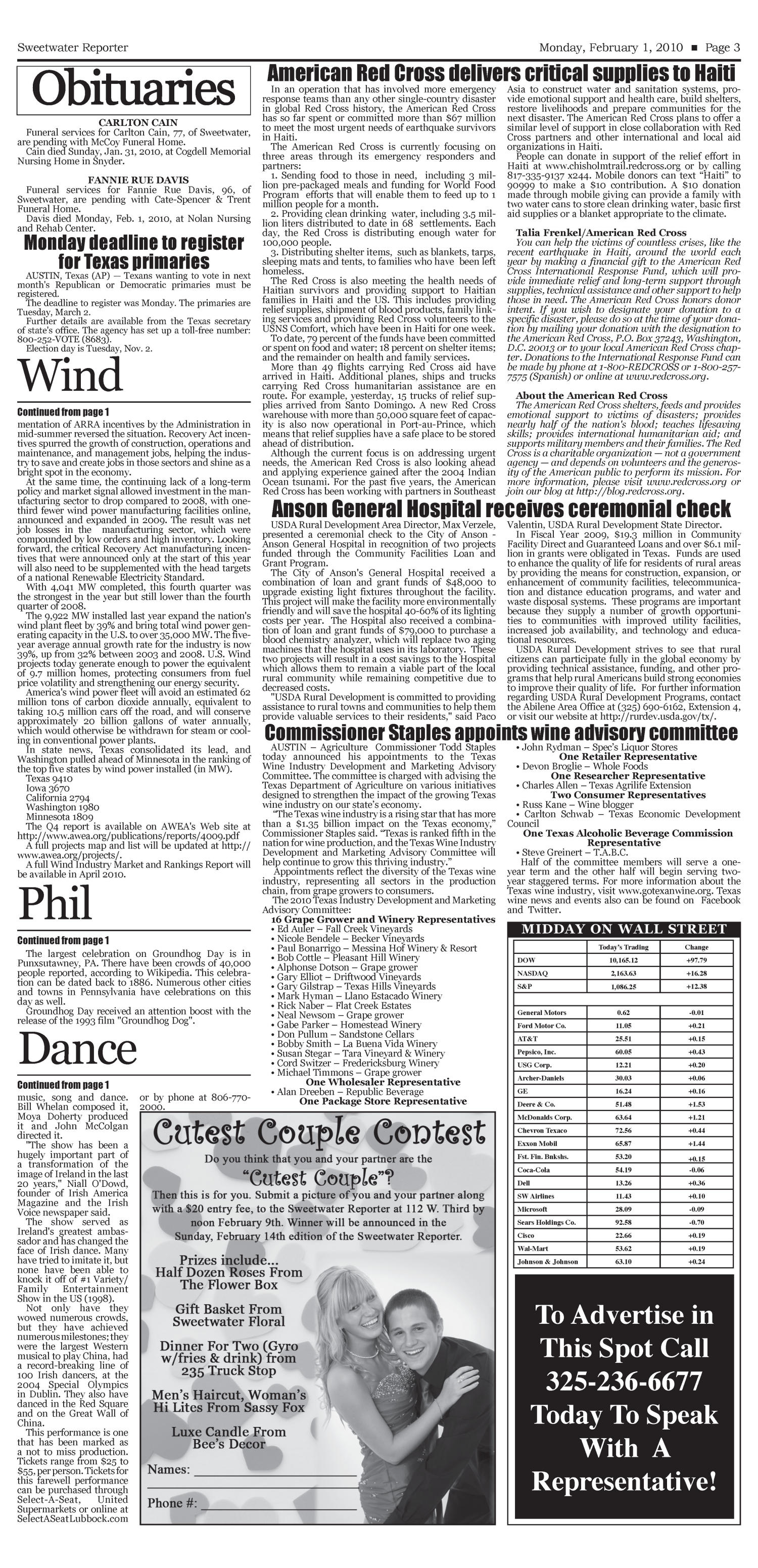 Sweetwater Reporter (Sweetwater, Tex.), Vol. 112, No. 066, Ed. 1 Monday, February 1, 2010
                                                
                                                    [Sequence #]: 3 of 10
                                                