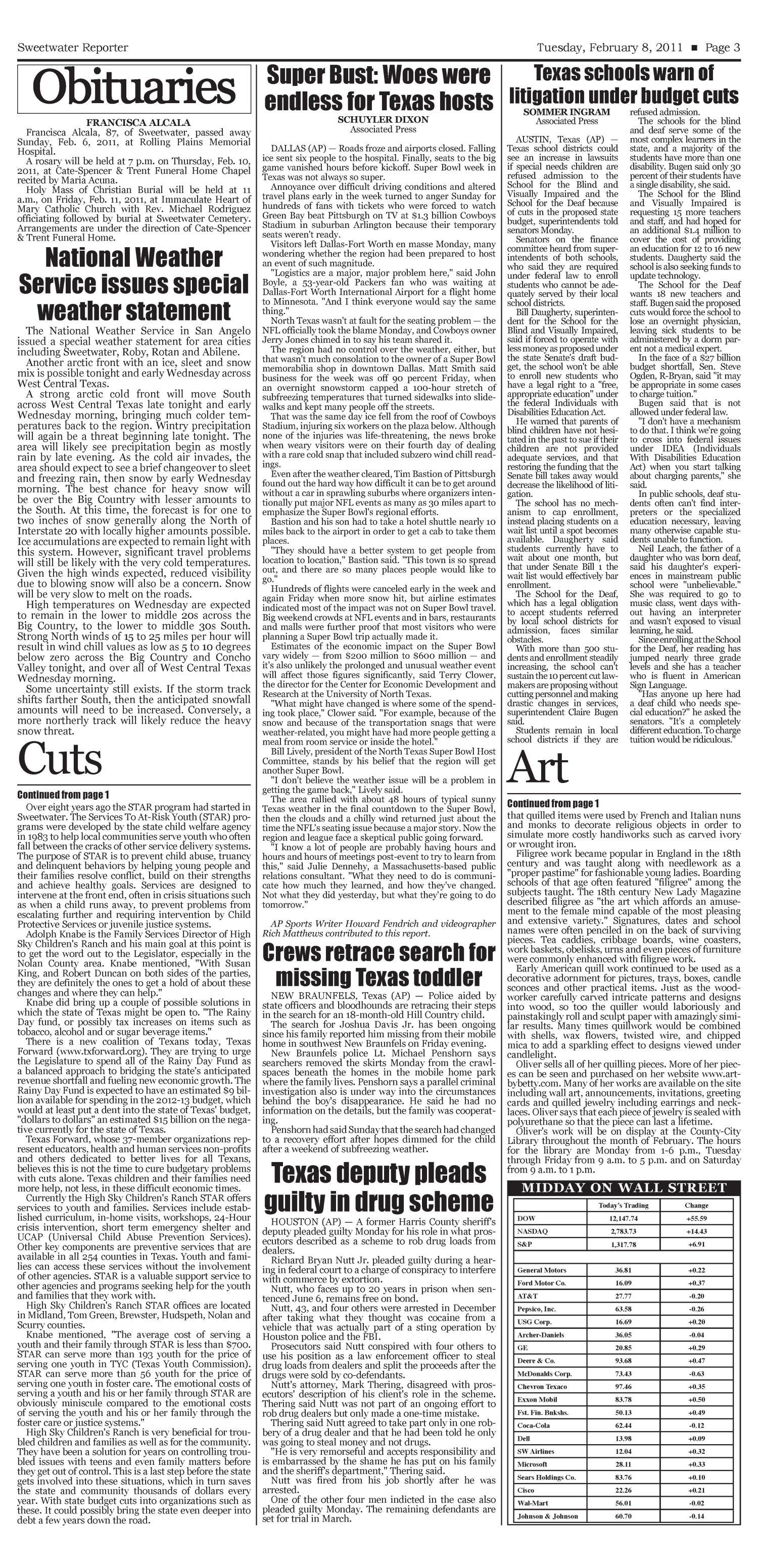Sweetwater Reporter (Sweetwater, Tex.), Vol. 113, No. 074, Ed. 1 Tuesday, February 8, 2011
                                                
                                                    [Sequence #]: 3 of 10
                                                