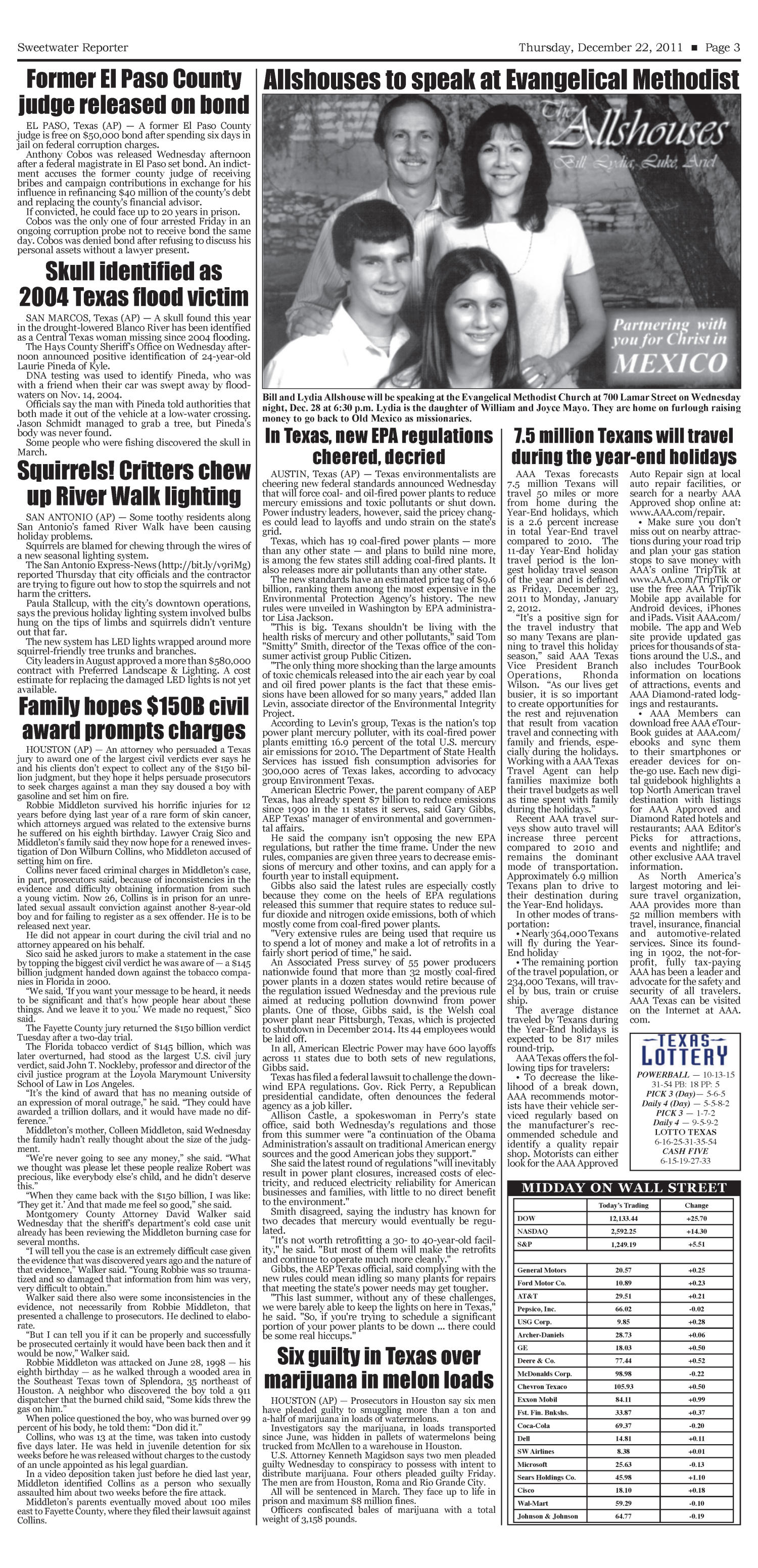 Sweetwater Reporter (Sweetwater, Tex.), Vol. 113, No. 341, Ed. 1 Thursday, December 22, 2011
                                                
                                                    [Sequence #]: 3 of 10
                                                