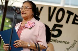 Primary view of object titled '[Adelfa Callejo speaking into microphone]'.