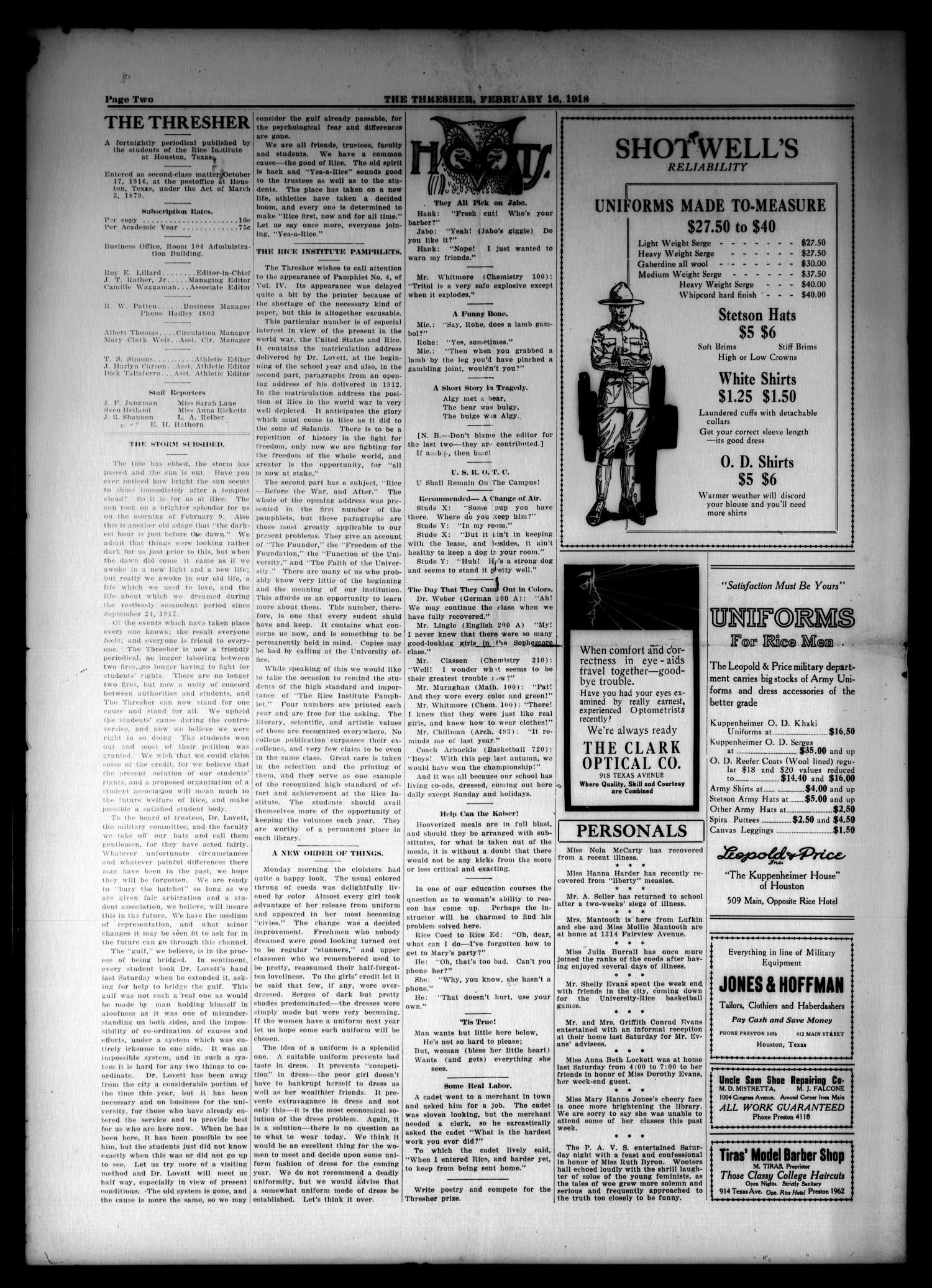 The Thresher (Houston, Tex.), Vol. 3, No. 9, Ed. 1 Saturday, February 16, 1918
                                                
                                                    [Sequence #]: 2 of 4
                                                