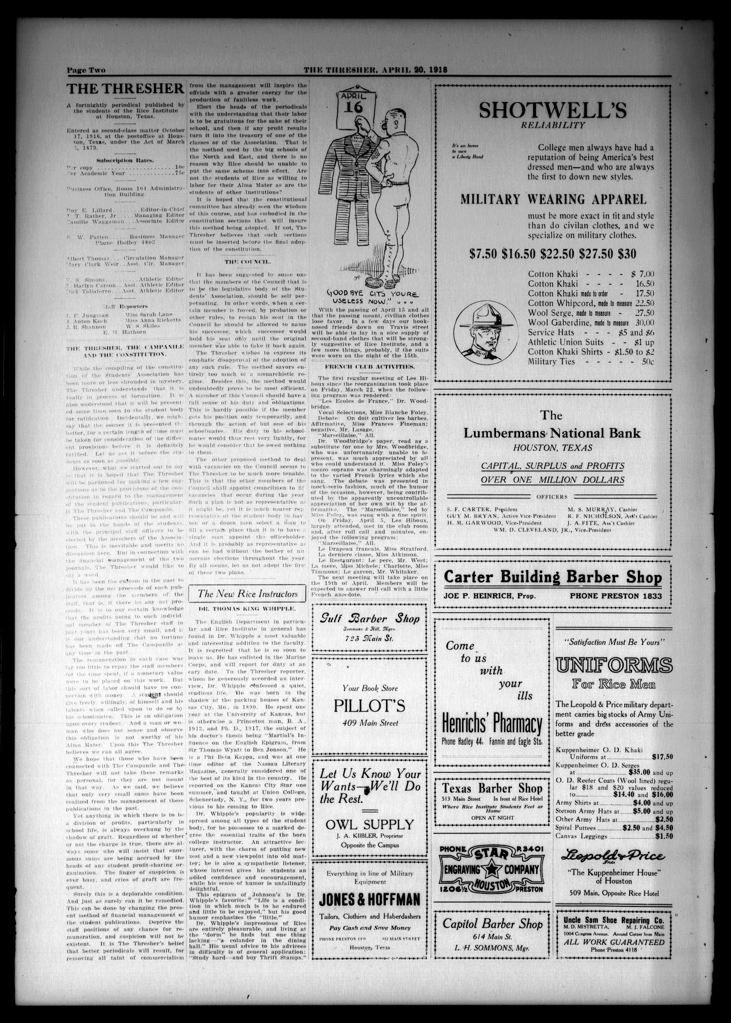The Thresher (Houston, Tex.), Vol. 3, No. 12, Ed. 1 Saturday, April 20, 1918
                                                
                                                    [Sequence #]: 2 of 4
                                                