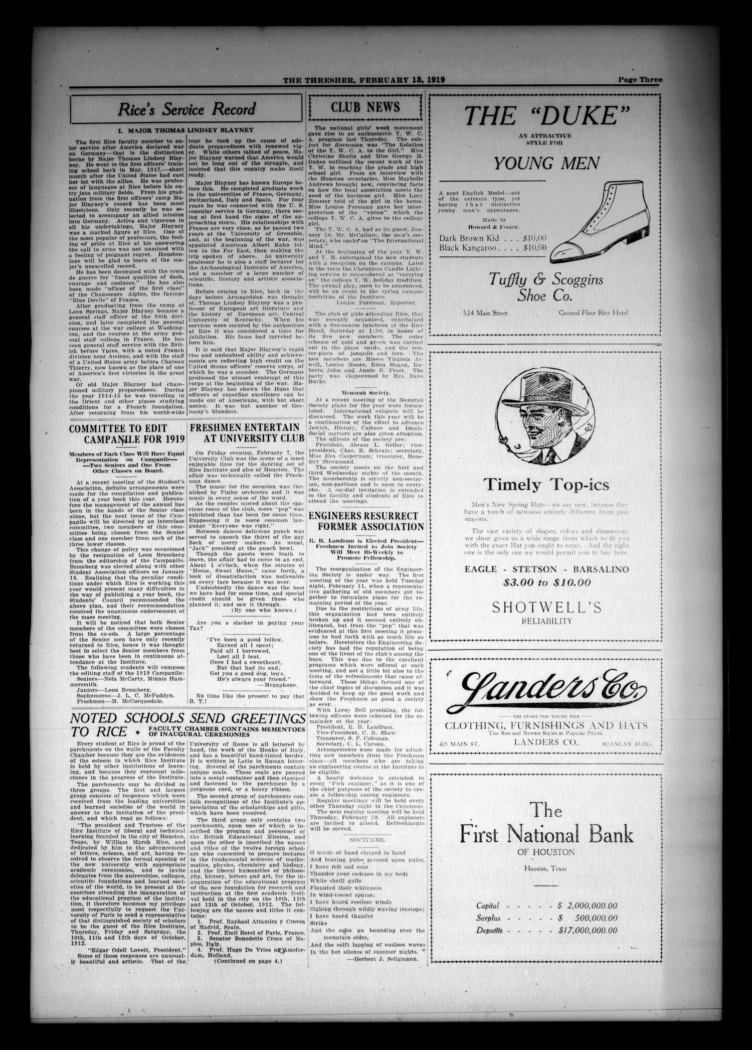 The Thresher (Houston, Tex.), Vol. 4, No. 2, Ed. 1 Thursday, February 13, 1919
                                                
                                                    [Sequence #]: 3 of 4
                                                