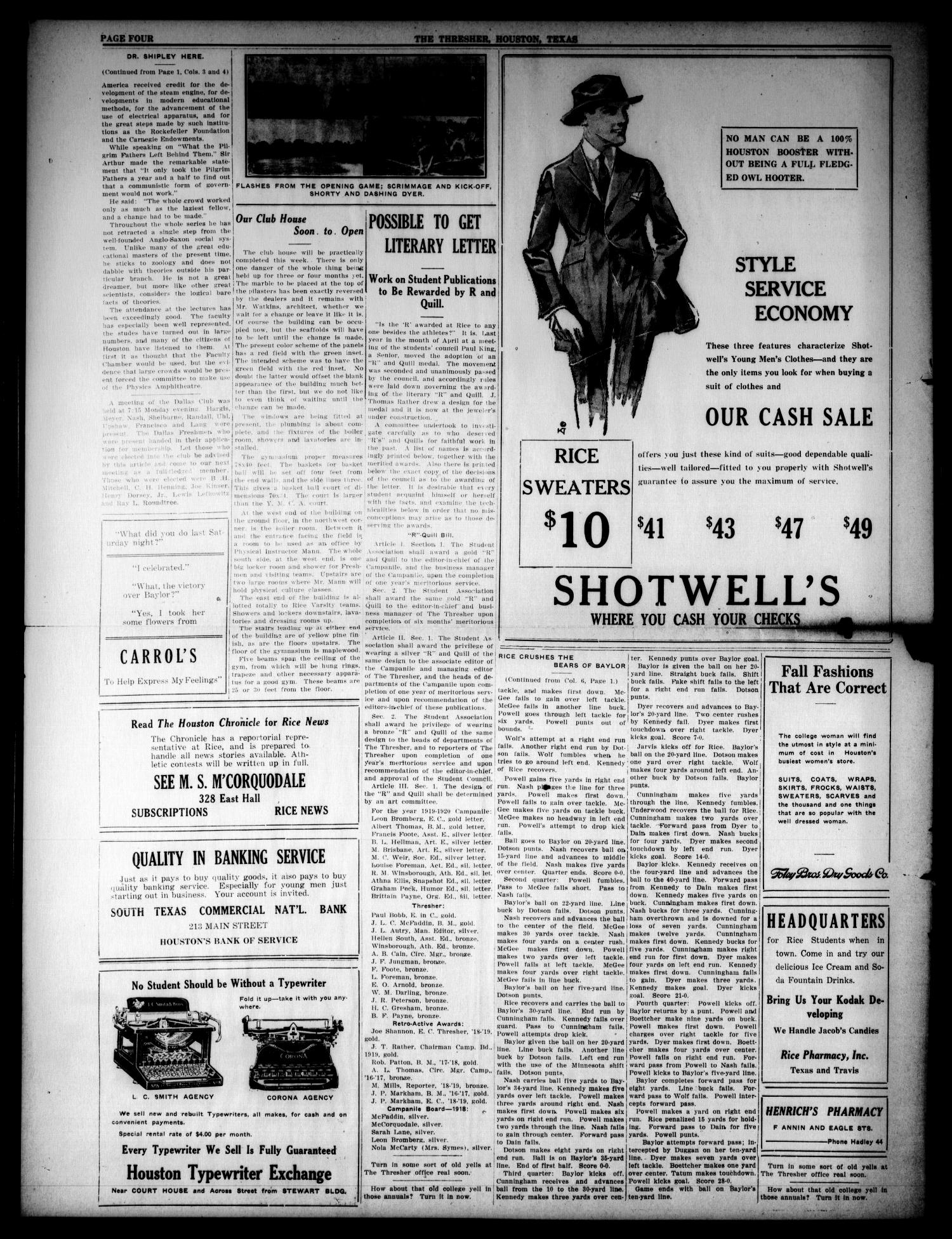 The Thresher (Houston, Tex.), Vol. 6, No. 5, Ed. 1 Friday, October 15, 1920
                                                
                                                    [Sequence #]: 4 of 4
                                                