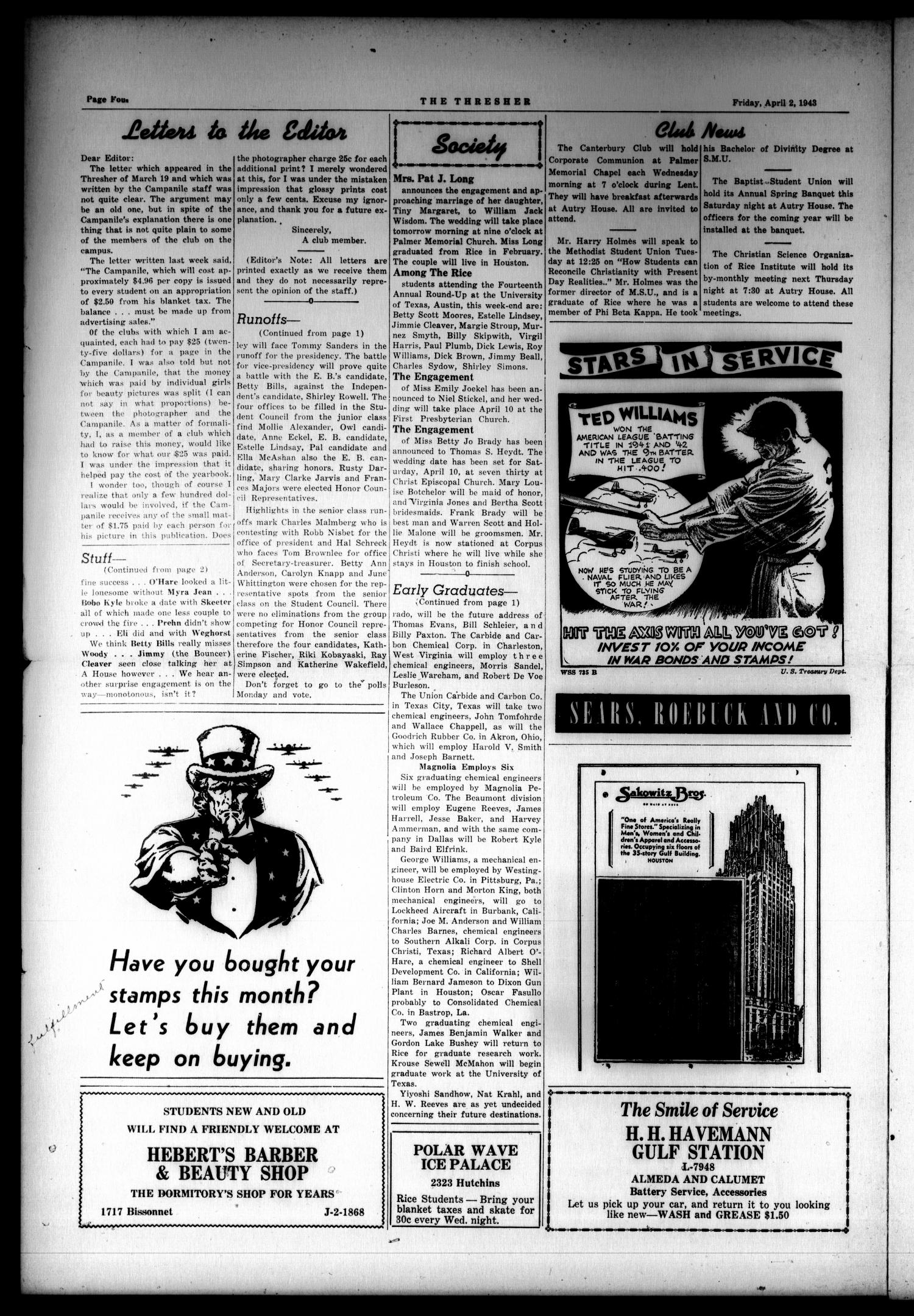The Thresher (Houston, Tex.), Vol. 28, No. 24, Ed. 1 Friday, April 2, 1943
                                                
                                                    [Sequence #]: 4 of 4
                                                